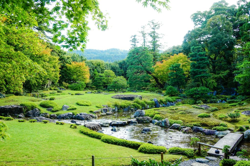 Landscaped garden with a winding stream and small bridge