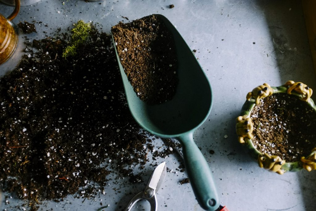 Garden trowel resting in freshly worked soil